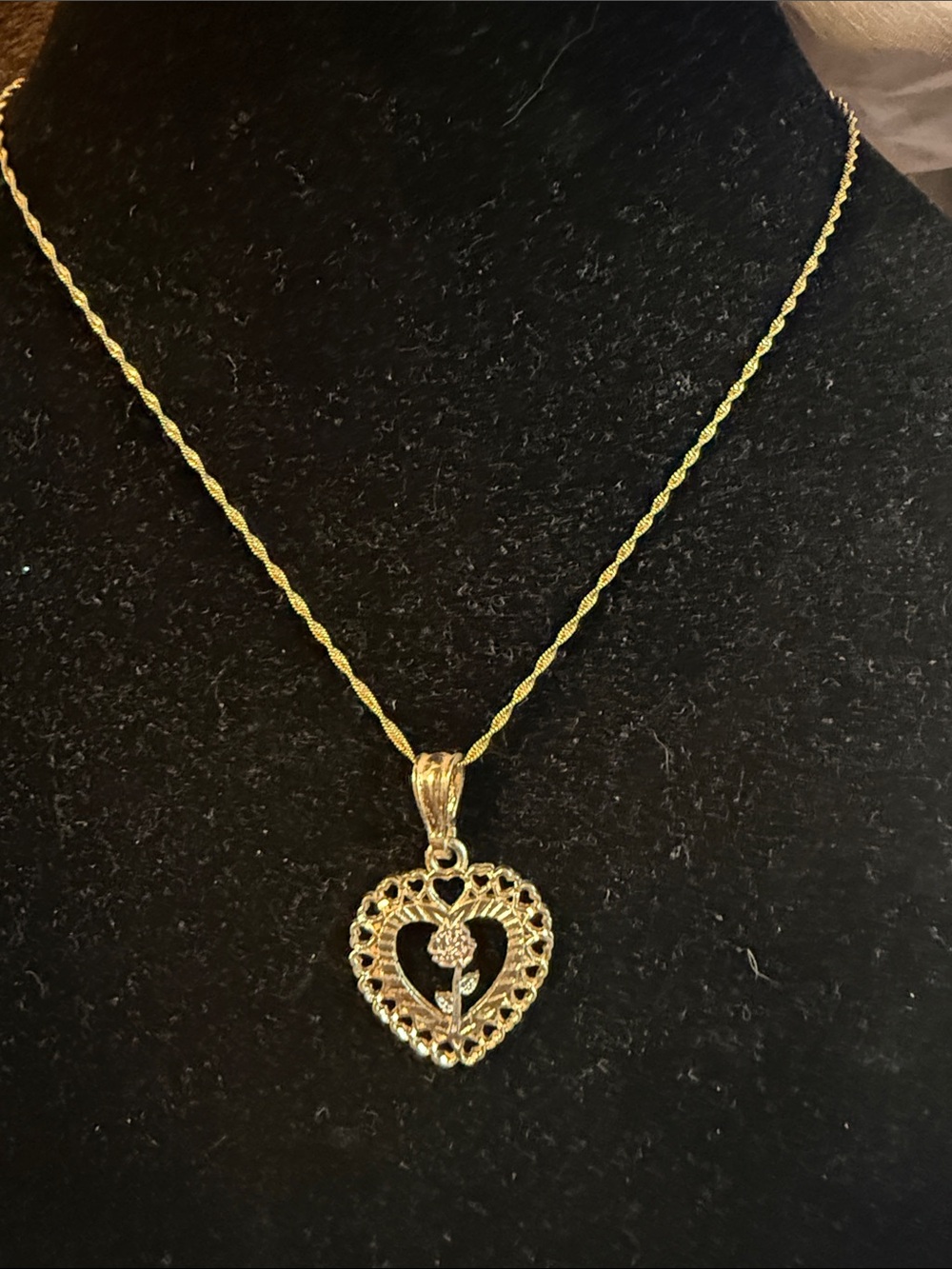 Gold Heart Pendant Necklace with Rose Accent  Stainless Steel - Women's Jewelry